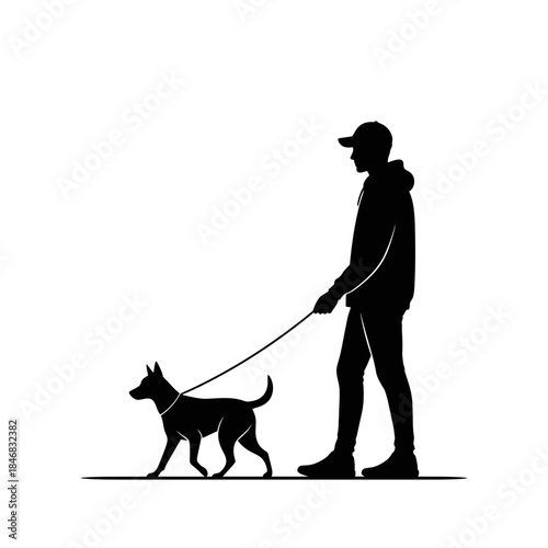 Man Walking Dog Silhouette – Pet Owner Leash Outdoor Vector Illustration