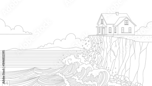 House on edge of cliff overlooking ocean waves crashing