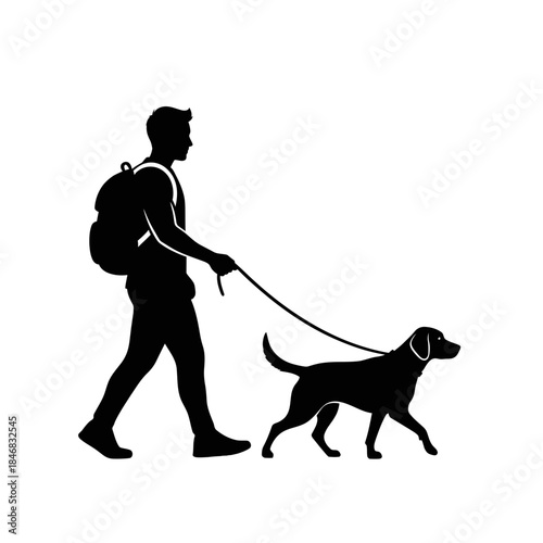 Man Walking Dog Silhouette – Pet Owner Leash Outdoor Vector Illustration