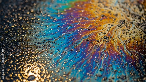 Vibrant iridescent oil slick on a wet dark surface, showing a beautiful rainbow of colors and intricate patterns.
