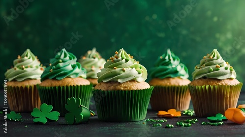 Decorated cupcakes on green background - St. Patrick's Day 
