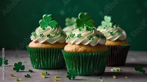 Decorated cupcakes on green background - St. Patrick's Day 