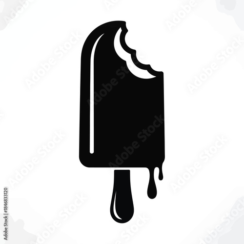 A partially eaten black popsicle with drips isolated on a white background