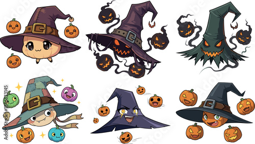 Set of Six Halloween Witch Hat Characters with Flying Spooky and Cute Mini Pumpkins Illustration