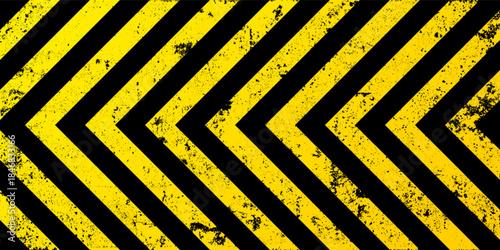 Warning sign with yellow and black diagonal lines. Attention, danger or caution symbol. Construction site signage, road safety notice, hazard banner, security alert shield. Vector illustration