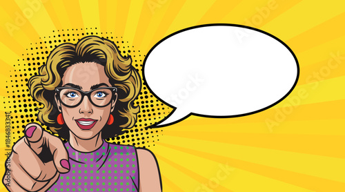A beautiful stylish business girl in glasses points at you with a pop art speech