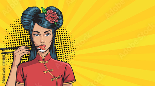 A girl in oriental costume advertises sushi in pop art style.