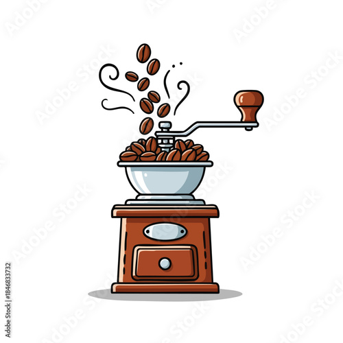 Animated coffee bean grinder preparing aromatic fresh grounds on a pristine white background for beverage concepts