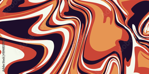 An abstract liquid marble texture. The design features a swirling pattern of intermingling colors, primarily shades of orange, brown, beige, and a very dark, almost black, purple. Eps 10 vector