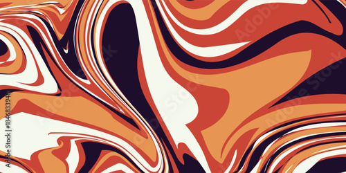 An abstract liquid marble texture. The design features a swirling pattern of intermingling colors, primarily shades of orange, brown, beige, and a very dark, almost black, purple. Vector Illustration