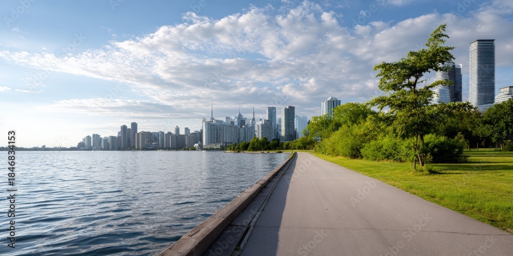 Naklejka premium Toronto skyline overlooking lake ontario on a sunny day with cloudy sky