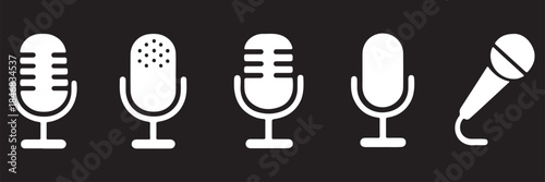 Microphone or mic button icon set. Contains headphone, mute, broadcast, podcast, broadcasting, audio vocal sound, voice, music karaoke, musical studio, loudspeaker. Vector illustration