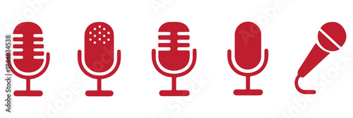 Microphone or mic button icon set. Contains headphone, mute, broadcast, podcast, broadcasting, audio vocal sound, voice, music karaoke, musical studio, loudspeaker. Vector illustration