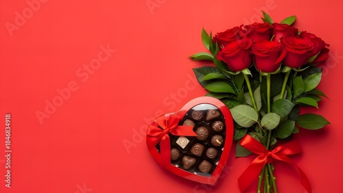 A romantic composition featuring a bouquet of red roses and a heart-shaped box of chocolates on a red backdrop, perfect for expressing love and affection