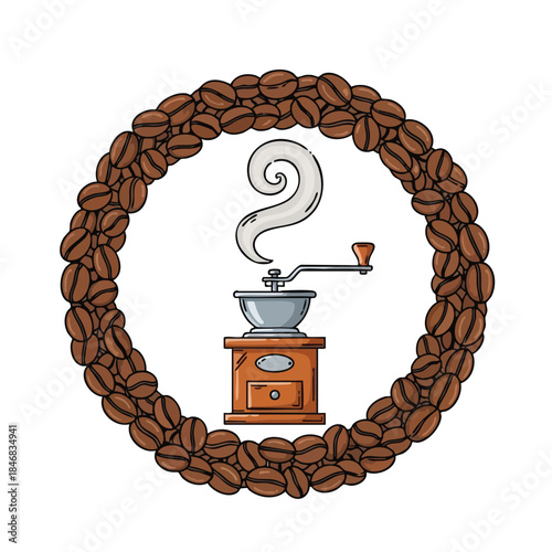 Vintage coffee grinder emblem with aromatic steam rising, encircled by roasted coffee beans, representing the essence of freshly brewed coffee