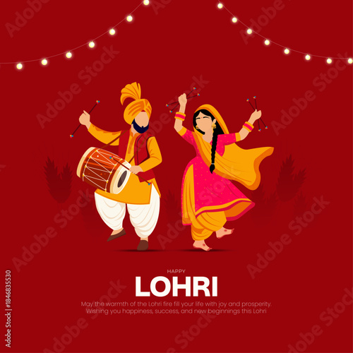 Happy Lohri Festival Celebration with Punjabi Dance Lohri Celebration Poster with Bhangra and Giddha Dance vector illustration.
