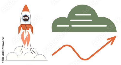 Rocket labeled MVP launching with smoke, green cloud symbolizing innovation, and orange arrow showing growth trend. Ideal for startup development, innovation, success, progress, leadership, goals