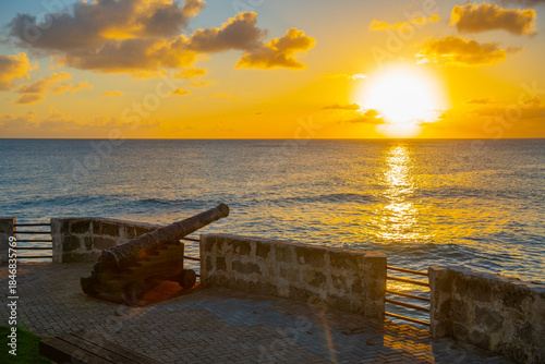 Charles Fort at sunset at Needham's Point in historic city of Bridgetown, Saint Michael, Barbados. Historic Bridgetown and its Garrison is a UNESCO World Heritage Site since 2011. 