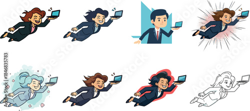 Superhero Businesswoman Flying with Laptop Vector Illustration - Fast Technology, Remote Work, and Speed Delivery Concept