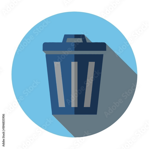 A blue trash can icon with a long shadow, set against a light blue circular background.