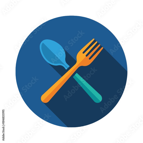 Stylized blue circle icon with crossed orange fork, blue spoon, and teal knife, representing dining or restaurant.