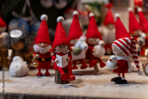 Group of Scandinavian Christmas gnome figurines arranged as a festive holiday display, creating a playful and cozy seasonal scene.