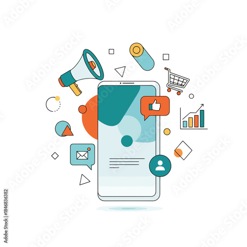 Mobile Marketing: A modern smartphone surrounded by diverse icons, symbolizing digital marketing tools and communication methods, inviting viewers into a world of connection and innovation.