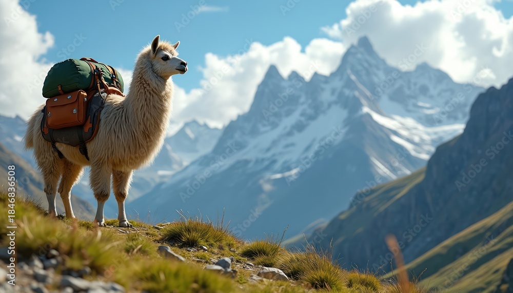 Fototapeta premium Llama carrying backpacks on a grassy mountain slope with snow-capped peaks in the background. The animal is looking to the side. Clear blue sky with white clouds above.