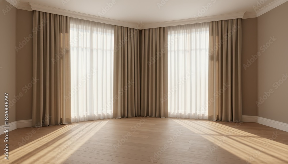 Obraz premium Elegant empty room corner with large bay windows, sheer and blackout curtains, wooden floor