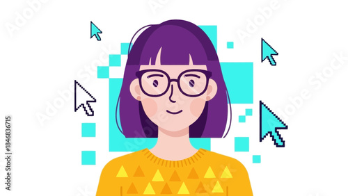 young woman interacting with digital interface.