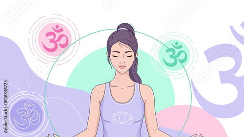 Woman Meditating with Chakras and Om Symbols.