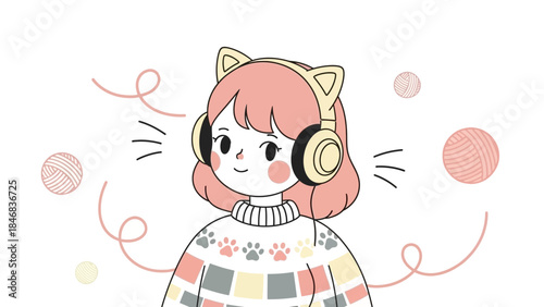 cartoon girl listening to music with headphones.