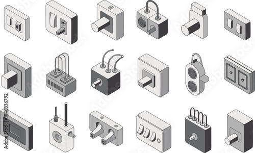 Electrical switches and wall sockets icons set, isometric power outlets, smart home controls, technical hardware vector illustration
