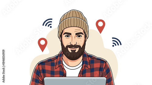 Remote worker with laptop and location pins.