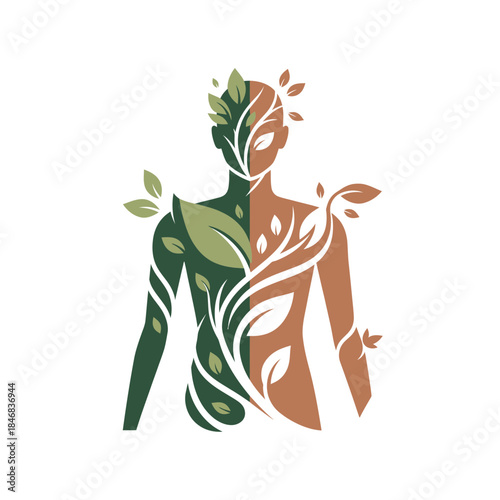 The human in the embrace of nature: An artistic and expressive illustration. Showcasing the delicate fusion of human form and the refreshing allure of nature. The image invokes serenity and vitality.