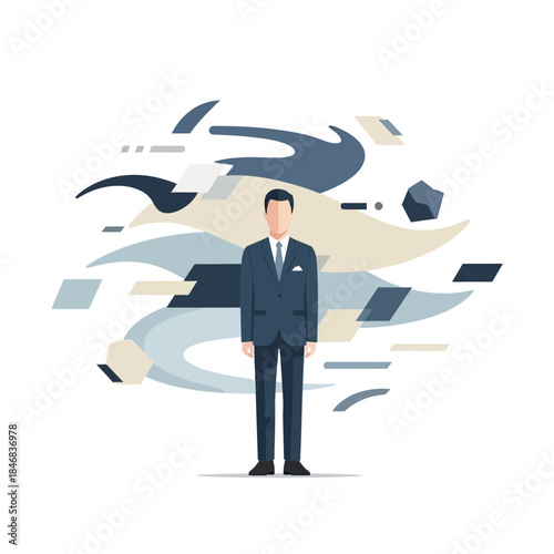 Stylish Corporate Figure: A sharply dressed man stands poised against a backdrop of flowing shapes, conveying a sense of professionalism and forward momentum, perfect for modern business applications.