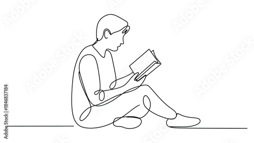 minimal continuous line illustration of person reading book representing education, learning, knowledge, study habit and peaceful lifestyle concept