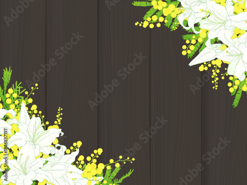 ゆりとミモザの背景①ななめ_黒木目