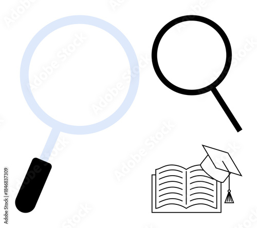 Large and small magnifying glasses, open book, and graduation cap symbolize research, education, knowledge, analysis, discovery, academic goals and lifelong learning. Ideal for educational