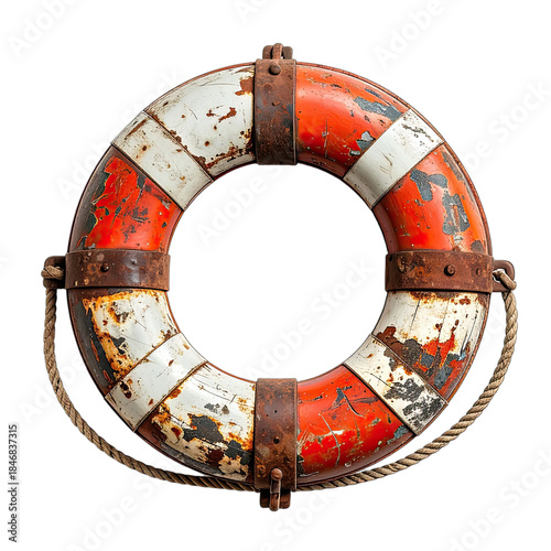 A heavily weathered, antique red and white life preserver with rusty metal bands against a black background.