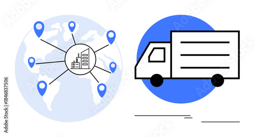 Globe with location pins connected to a central hub and delivery truck symbolizing logistics, distribution, and transportation. Ideal for shipping, supply chain, global trade, delivery services