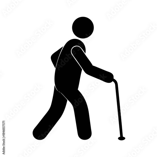 silhouette of an elderly person walking with a cane, senior health concept .vector icon