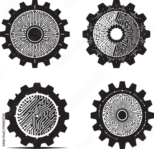 Black Gear Icons with Circuit Board Design – Tech Engineering Symbol Set
