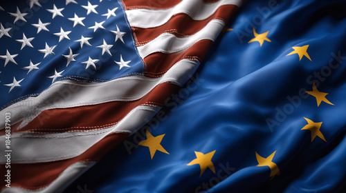 us flag and eu flag waving together. relations between the usa and the european union. cooperation trade partners transatlantic partnership common policies western nations