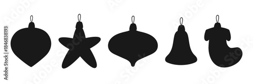 Black Christmas Ornament Silhouettes Set with Heart, Star, and Bell Shapes. Minimalist Holiday Icons for Greeting Cards, Decorations, Crafts, and Seasonal Designs