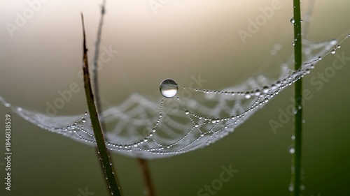 Macro spider web with dew drops and grass blades water droplets