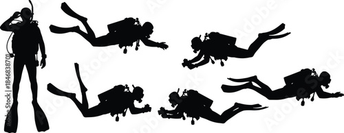 Scuba diving silhouette collection showing underwater photographers, divers with equipment, black ocean adventure action poses for marine exploration design projects