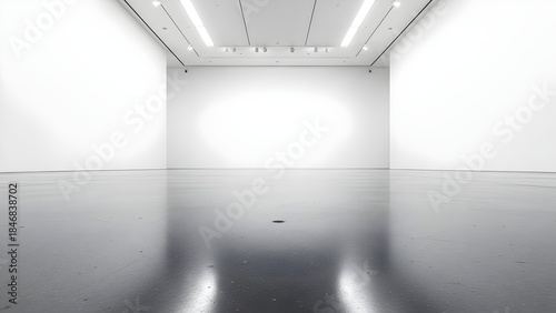 Empty modern art gallery or exhibition space with bright white walls and a reflective gray floor, illuminated by overhead lights for a minimalist aesthetic.