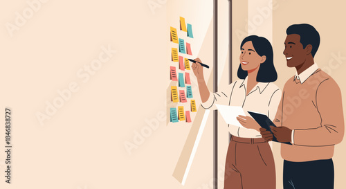 Diverse Business Team Planning with Sticky Notes Vector Illustration