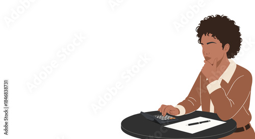 African American Woman Calculating Budget and Finances Vector Illustration